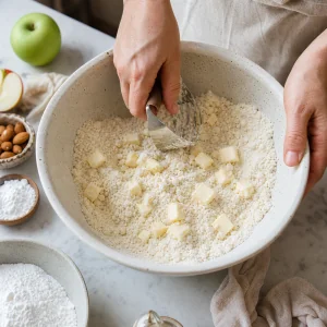 Glutenfreie Mehlmischung mit kalter Butter für den Apfelkuchenboden