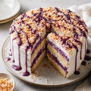 Gâteau cassave-ube fini avec coco toastée et filet violet d’ube.