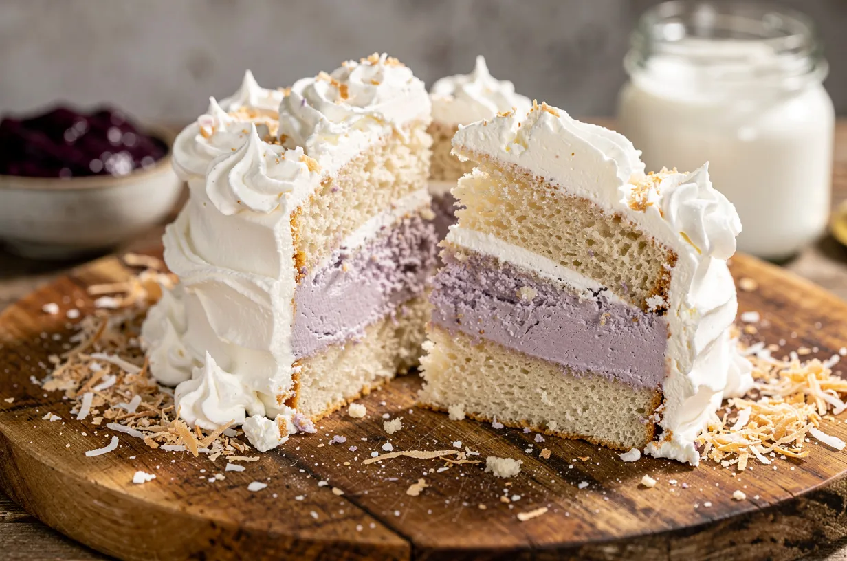 Torta cassava e ube senza glutine con crema di cocco