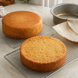 Couches de gâteau à la cassave dorées refroidissant sur des grilles avant montage.