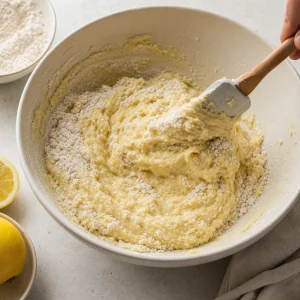 Cassave râpée, farine de manioc, sucre, levure et sel mélangés dans un saladier.