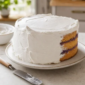Gâteau à étages couvert de crème fouettée coco et lissé à la spatule.