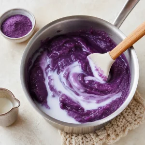 Ube halaya violette assouplie avec du lait jusqu’à devenir lisse et tartinable.