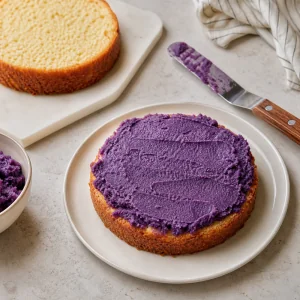Ube halaya étalée sur la première couche de cassave avant d’ajouter la seconde.