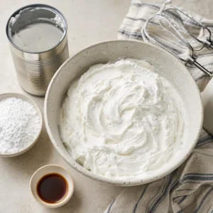 Crème de coco fouettée avec sucre glace et vanille en pics souples.