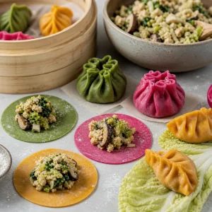 Bunte Dim-Sum-Hullen mit Tofu-Pilz-Fullung gefullt und gefaltet