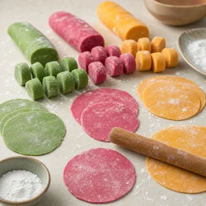 Bunte grune, rosa und goldene Dim-Sum-Hullen aus Teigstucken ausgerollt