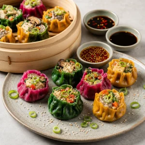 Fertige bunte Gemuse-Dim-Sum-Platte mit Sesam, Frühlingszwiebeln und Saucen