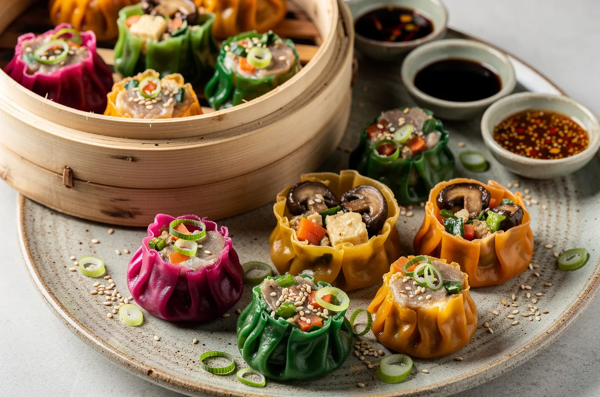 Glutenfreie bunte Gemüse-Dim-Sum-Platte mit Saucen