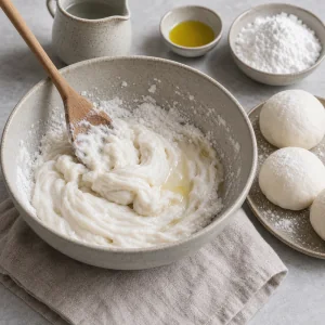 Glutenfreier Dim-Sum-Teig wird mit Ol und Starke in einer Keramikschale geruhrt