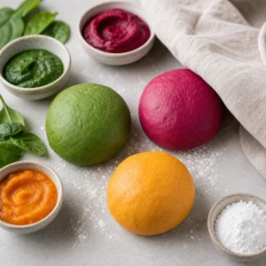 Grune, rosa und goldene Teigportionen mit Gemusepurees gefarbt