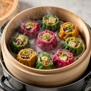 Grune, rosa und goldene Gemuse-Dim-Sum dampfen im Bambuskorb