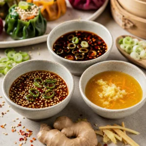 Drei Dip-Saucen mit Tamari, Chili-Frühlingszwiebel und Zitrus-Ingwer fur Dim Sum