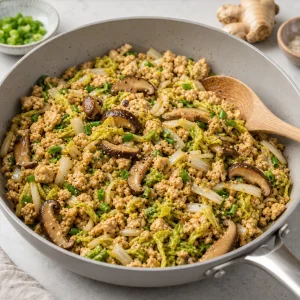 Tofu-, Shiitake-, Chinakohl-, Ingwer- und Frühlingszwiebelfüllung in einer Pfanne