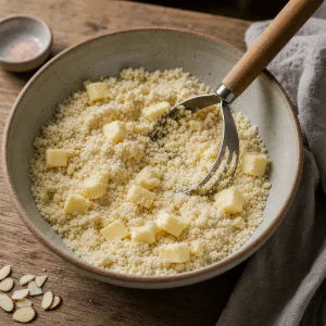 Almond flour mixture with cold butter cut into coarse crumbs