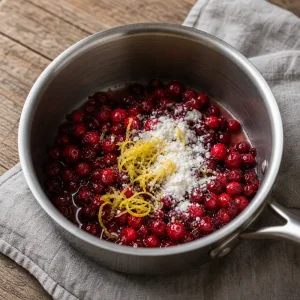 Cowberries with lemon zest and starch in a saucepan