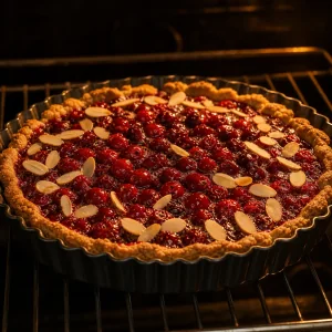 Cowberry almond tart bubbling in the oven