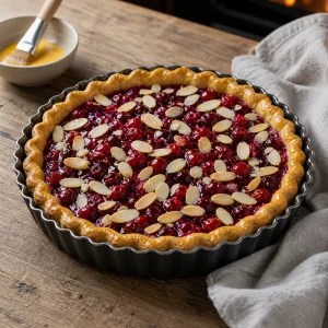 Cowberry filling spread in the crust with slivered almonds