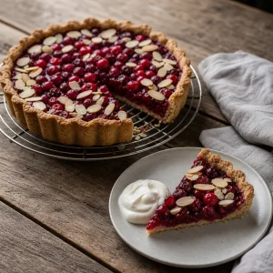 Finished cowberry almond tart with a slice and yogurt