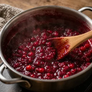 Glossy cowberry filling bubbling in a saucepan