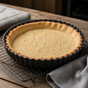 Golden blind-baked almond tart crust cooling on a rack