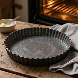 Greased fluted tart pan ready on a wooden work surface