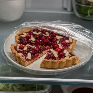 Leftover cowberry almond tart slices covered in the refrigerator