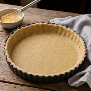 Soft almond dough pressed into a fluted tart pan