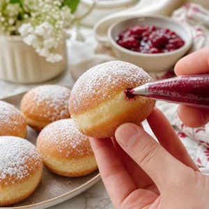 A powdered mini gogosi being filled from the side with raspberry jam using a piping bag.