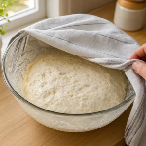 Covered bowl of gluten-free gogosi dough resting until slightly puffed and airy.