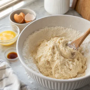 Egg, melted butter, vanilla, and yeast mixture stirred into flour to form sticky gogosi dough.