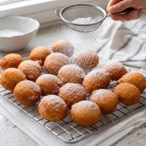 Freshly fried mini gogosi draining on a rack while powdered sugar is sifted over them.