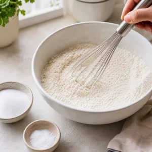 Gluten-free flour, sugar, and salt being whisked together in a large mixing bowl.