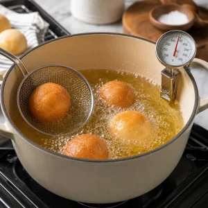 Mini gogosi dough balls frying in hot oil with a thermometer near 350 degrees Fahrenheit.