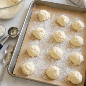 Small portions of sticky gogosi dough scooped onto a floured parchment-lined baking sheet.
