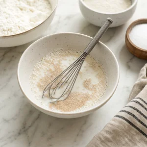 Warm milk, yeast, and sugar whisked together until foamy for gluten-free gogosi dough.