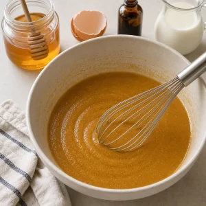 Brown butter cookie batter whisked with honey, egg, vanilla, and milk