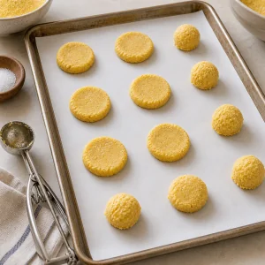 Flattened scoops of corn cookie dough on a parchment-lined sheet