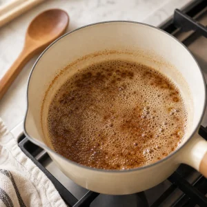 Foamy brown butter in a light saucepan on the stove