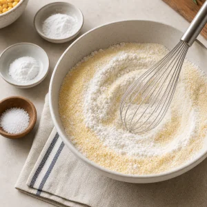 Gluten-free flour and cornmeal whisked in a mixing bowl