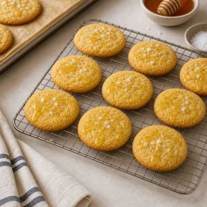 Honey-drizzled corn cookies cooling on a wire rack with sea salt