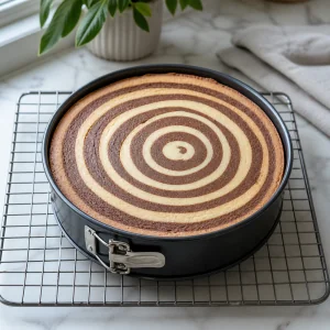 Gebackener Zebra-Pie kuehlt vor dem Kaltstellen auf einem Gitter ab