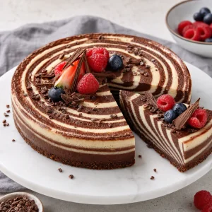 Fertiger Zebra-Pie mit Kakaonibs, dunkler Schokolade und Beeren garniert