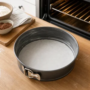 Mit Backpapier ausgelegte Springform fuer glutenfreien zuckerarmen Zebra-Pie