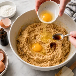 Eggs and vanilla being added to peanut butter cookie dough.