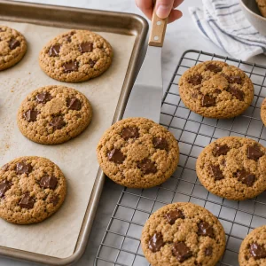 Fresh peanut butter chocolate chunk cookies cooling on a wire rack.