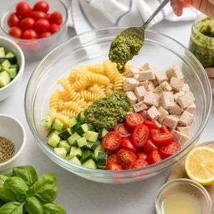 Glutenfreier Pesto-Hähnchen-Nudelsalat für die Schule