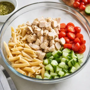 Kalte Pasta mit Huhn Kirschtomaten und Gurke in einer Schussel gemischt