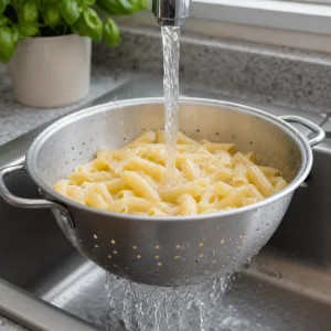 Gekochte glutenfreie Pasta wird in einem Sieb unter kaltem Wasser abgespult