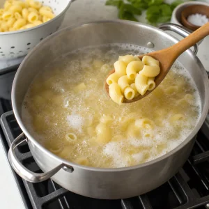 Glutenfreie Pasta kocht in einem Topf mit gesalzenem siedendem Wasser